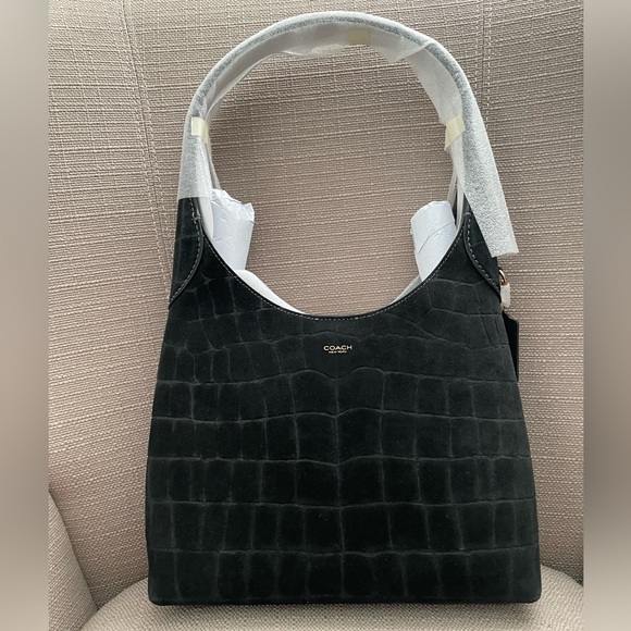 Coach Brooklyn Shoulder Bag 28 Black suede Crocodile-Embossed new - Picture 3 of 16